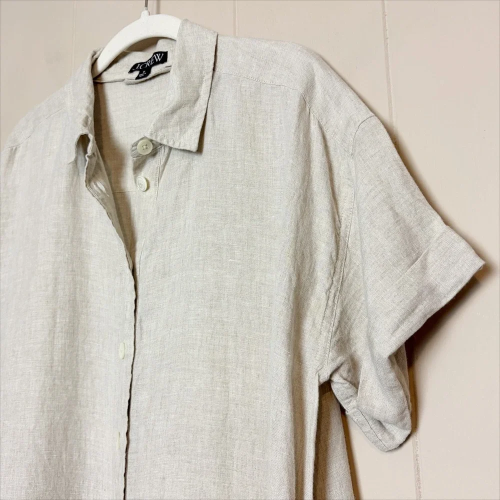 J. Crew 100% Linen Capitaine Shirt Dress M Short Sleeve Button Down Beige Tan